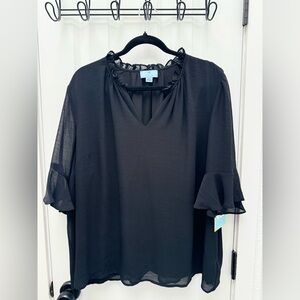 CeCe Black Ruffle Trim Blouse with sheer sleeves